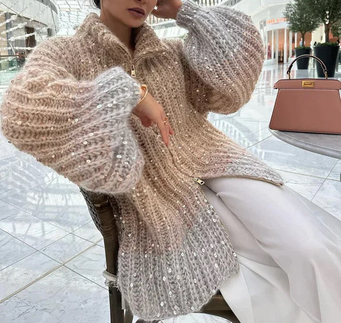 Sparkling women's sequin cardigan. Festive long-sleeve knit top, an elegant & versatile layer for any party outfit.