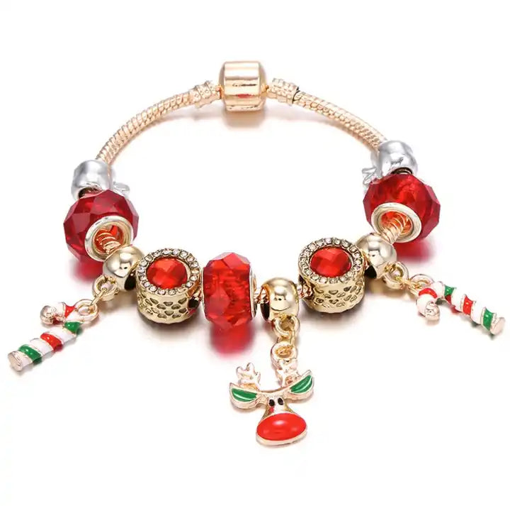 Women's festive silver charm bracelet with red & white candy cane charms. Perfect Christmas holiday jewelry gift.