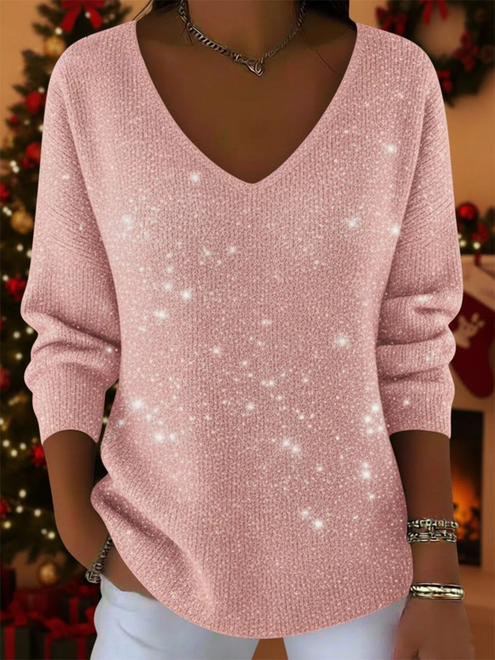 Purple women's festive V-neck jumper. Stylish knit sweater, perfect for winter's comfortable seasonal wear.