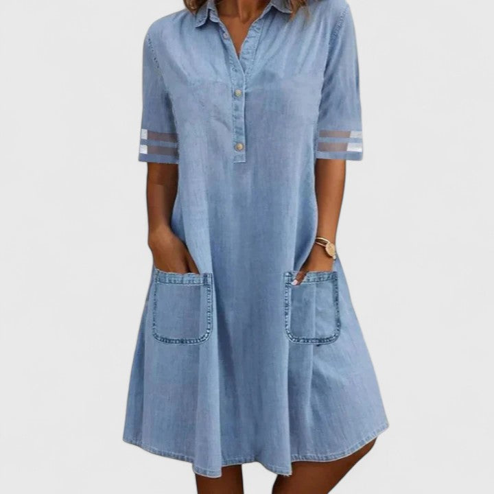 Women's figure-flattering denim dress with button front & pockets. Casual blue dress for comfort & everyday wear.