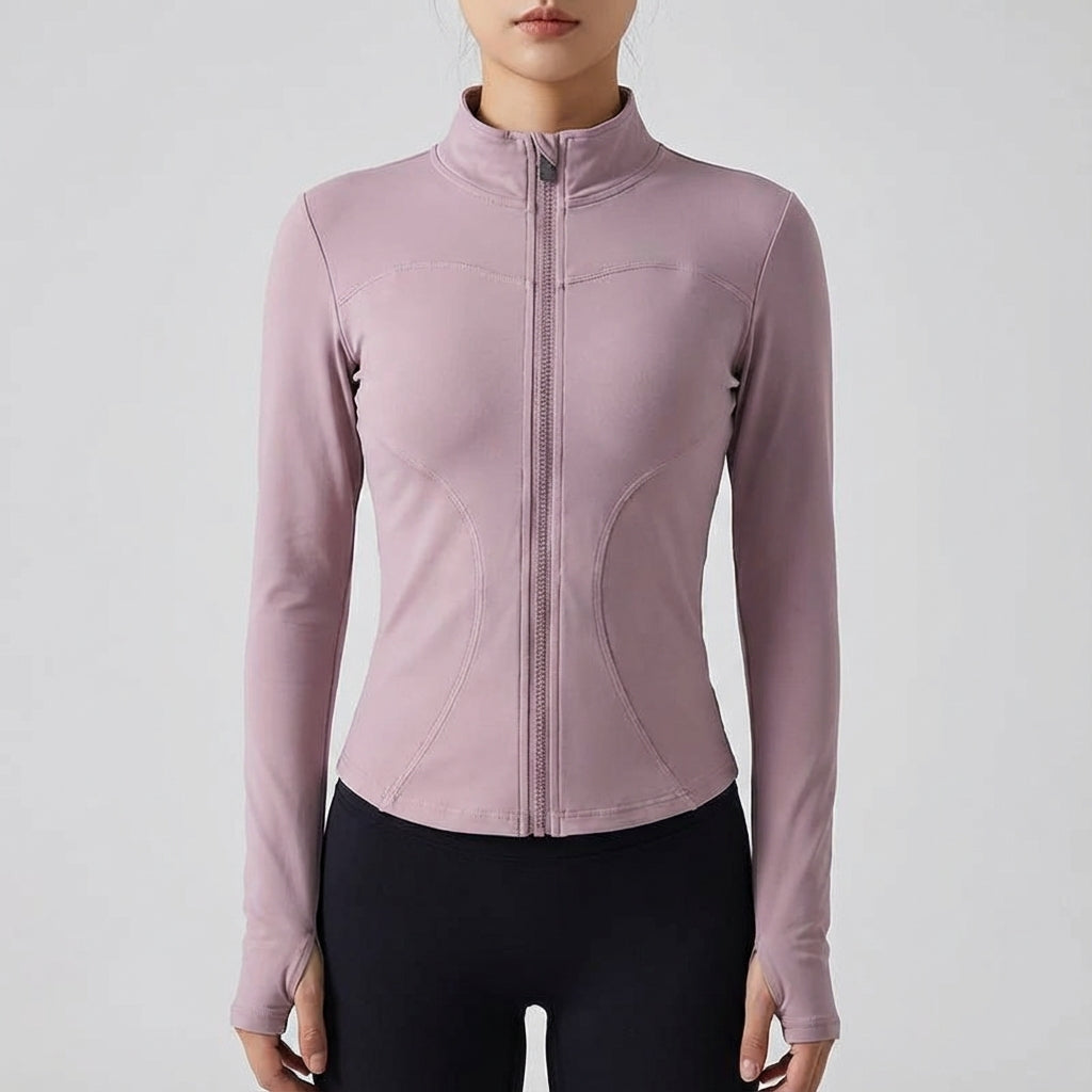 Close-up of a women's black fitness jacket, stretch fabric, full zip detail