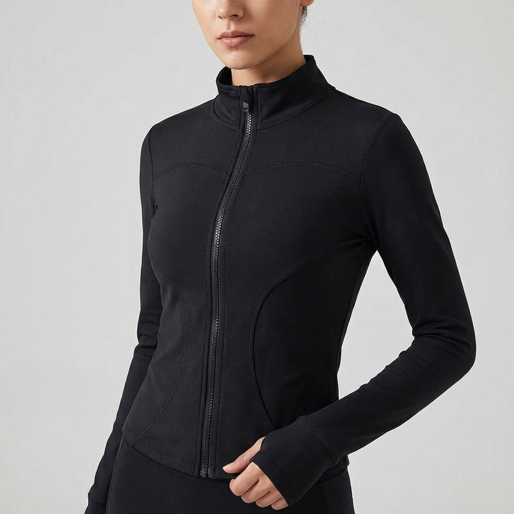 Moisture-wicking women's gym jacket, black, stretch material, full zip design