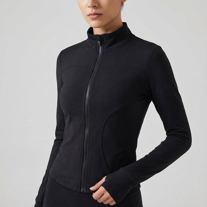 Moisture-wicking women's gym jacket, black, stretch material, full zip design