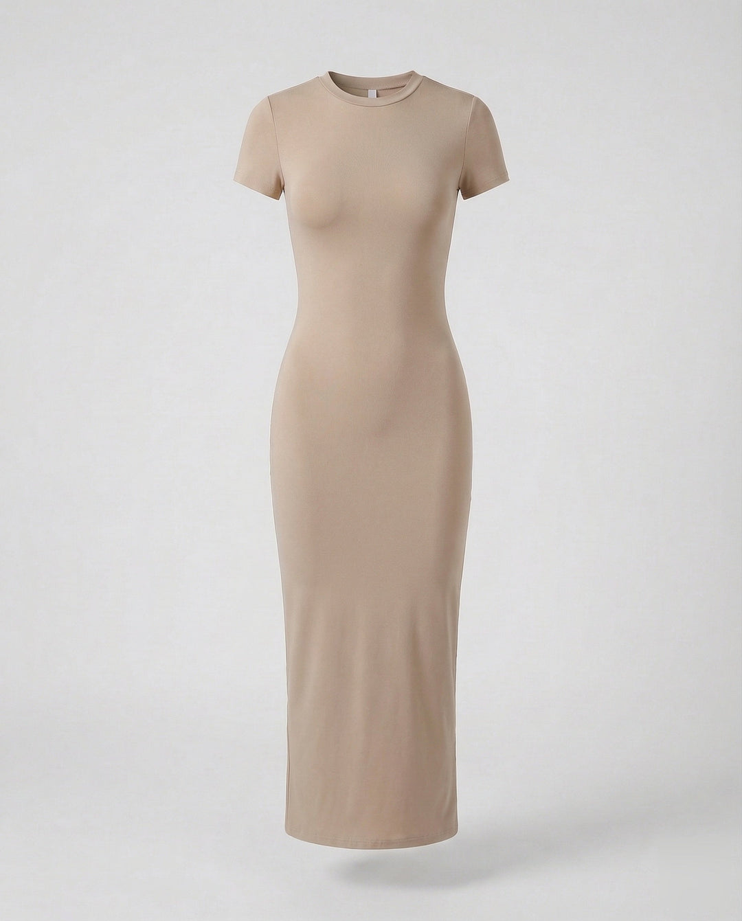 Full length view of a women's elegant bodycon maxi dress with crew neck & short sleeves, perfect for all events.