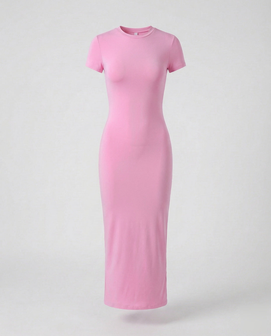 Back view: women's sleek fitted crew neck bodycon maxi dress, emphasizing its flattering silhouette.