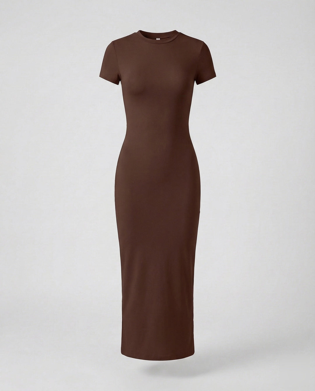 Detail of the comfortable short sleeve and classic crew neck on a women's fitted bodycon maxi dress.