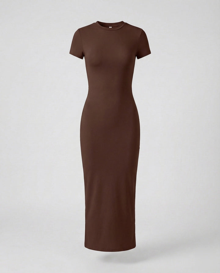 Detail of the comfortable short sleeve and classic crew neck on a women's fitted bodycon maxi dress.