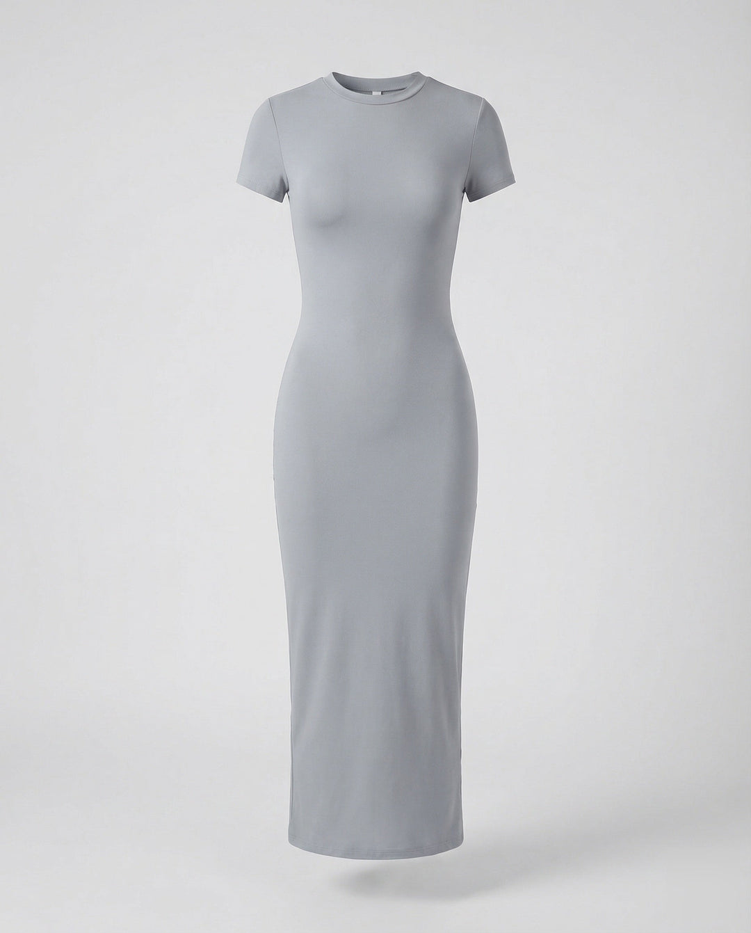 Versatile women's fitted maxi dress with crew neck & short sleeves. Ideal casual or evening bodycon style.