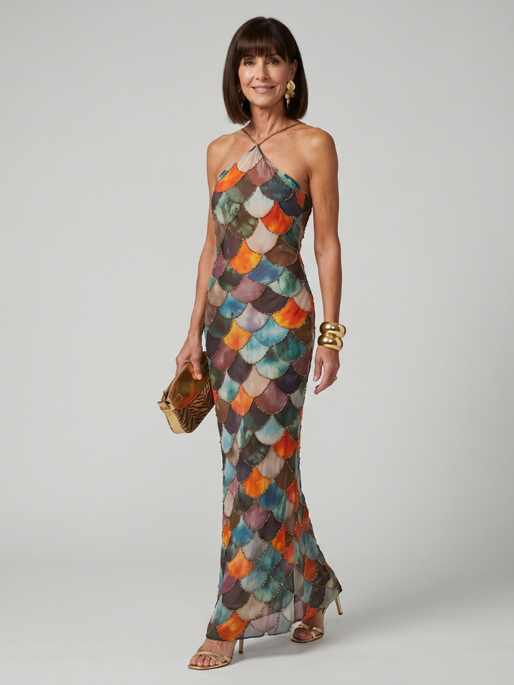 Women's fitted halter maxi dress with bold geometric scale print. Elegant sleeveless summer occasion wear.