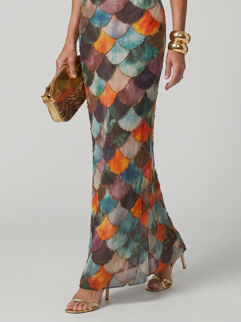 Elegant women's sleeveless maxi halter dress in a bold geometric scale pattern. Ideal for special occasions.