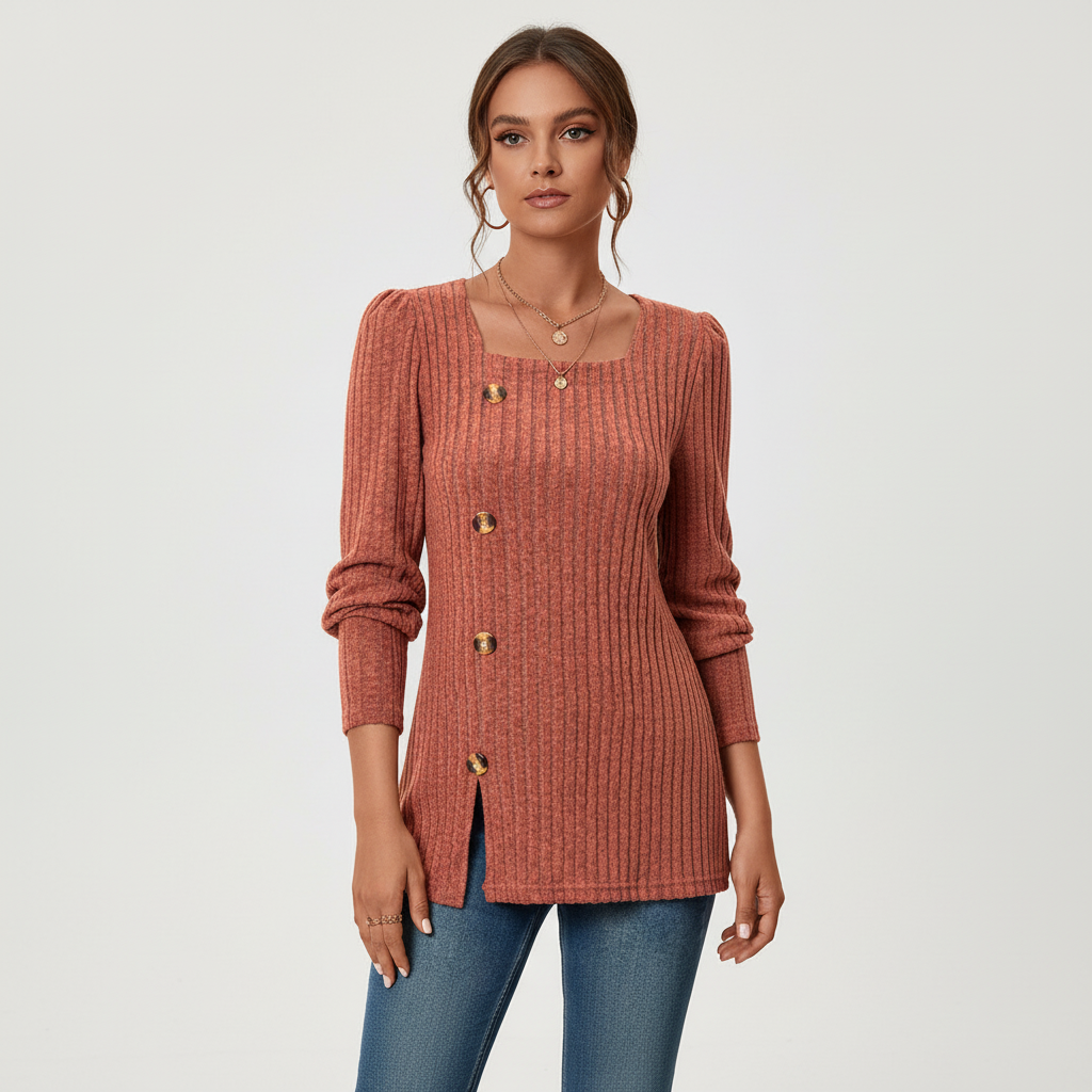 Elegant Helena ribbed long sleeve pullover for women, ideal for layering or spring wear.