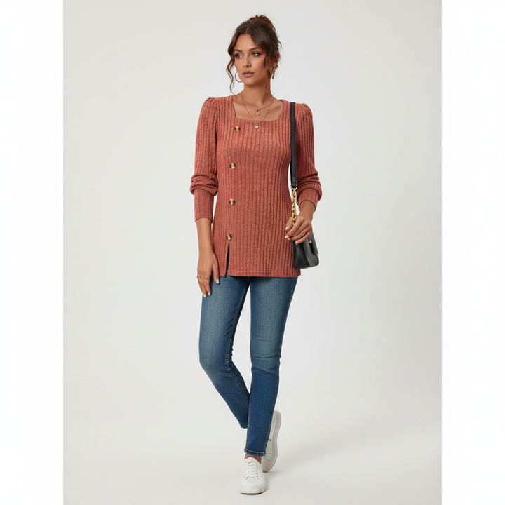 Casual yet chic women's cotton blend ribbed knitwear top with long sleeves, suitable for everyday fashion.