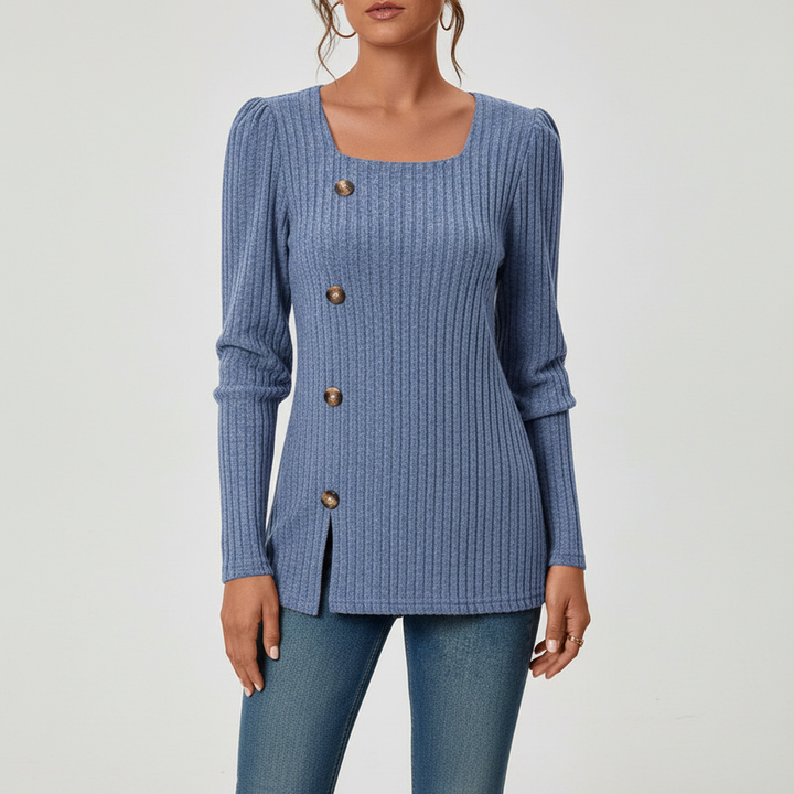 Stylish women's ribbed longsleeve top, a comfortable and fashionable pullover for autumn and winter.