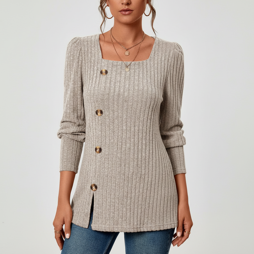 Helena women's ribbed knit top, a classic long sleeve design in a soft cotton blend for elegant comfort.