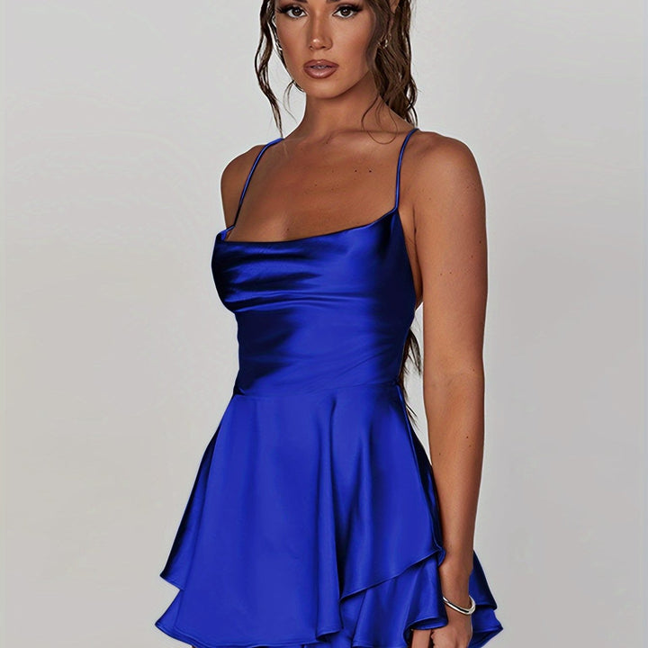 Women's homecoming or party dress, fitted, ruched, tiered mini, adjustable straps.