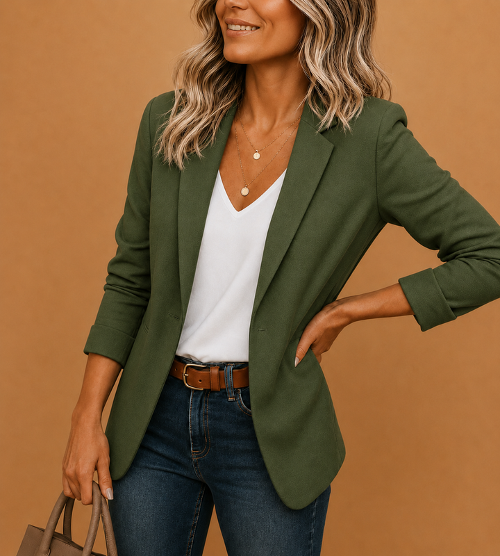 Women's slim fit tailored one-button blazer. Essential business casual office jacket for professional women.