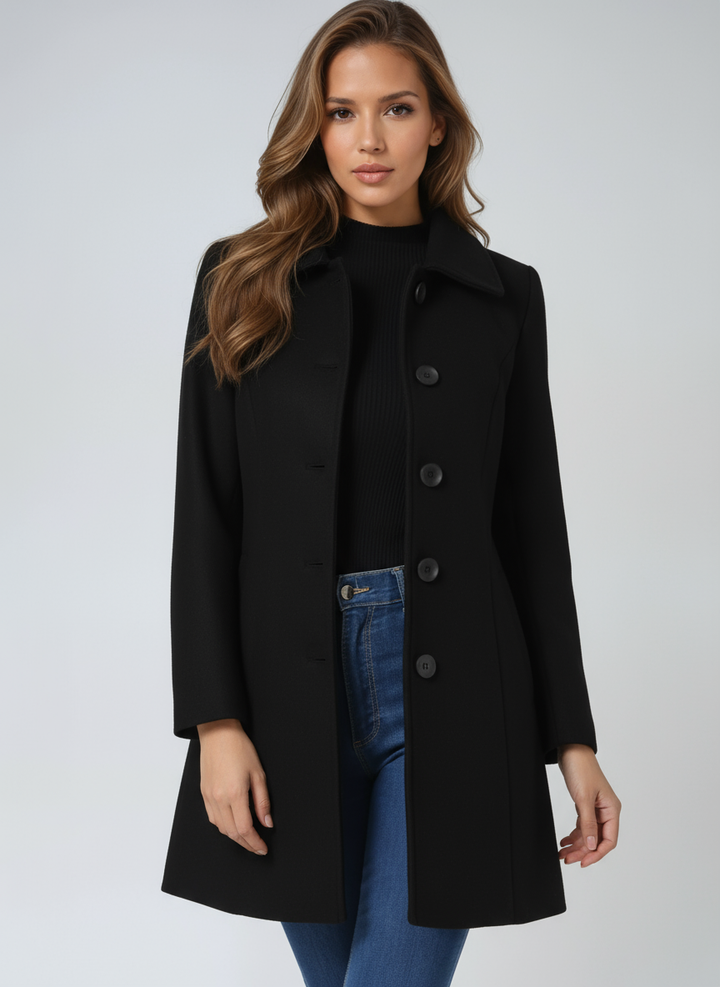 Women's fitted trenchcoat, elegant professional workwear with classic button closure & structured collar.