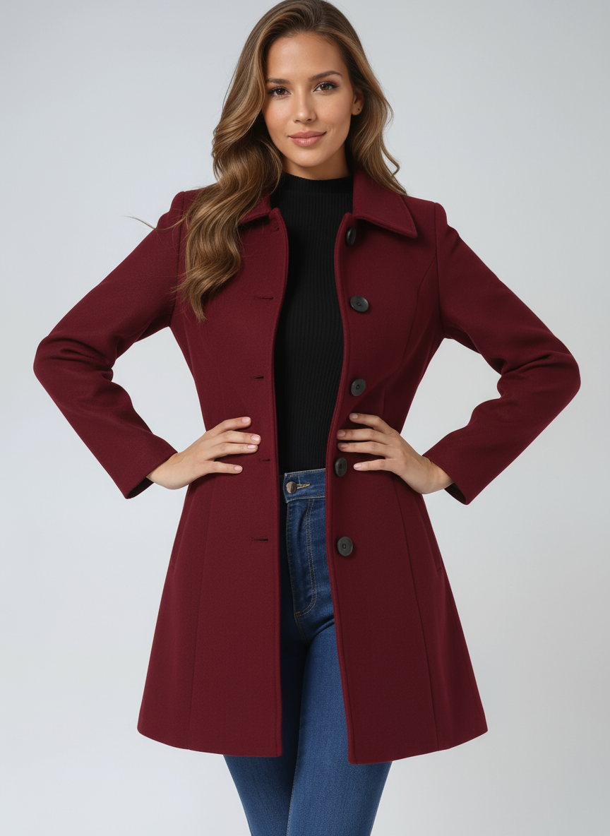 Structured women's fitted trenchcoat, elegant classic long sleeve with button closure for professional office wear.