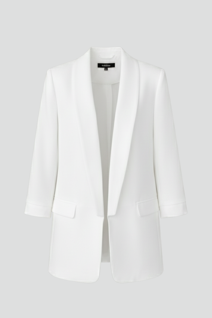 Women's fitted wrap collar blazer for professional and stylish office wear. Tailored business jacket.