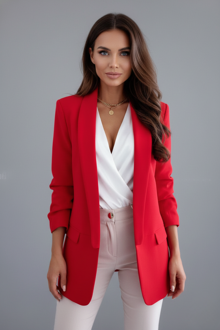 Fashionable women's fitted blazer with a distinctive wrap collar. Perfect elegant office & business attire.