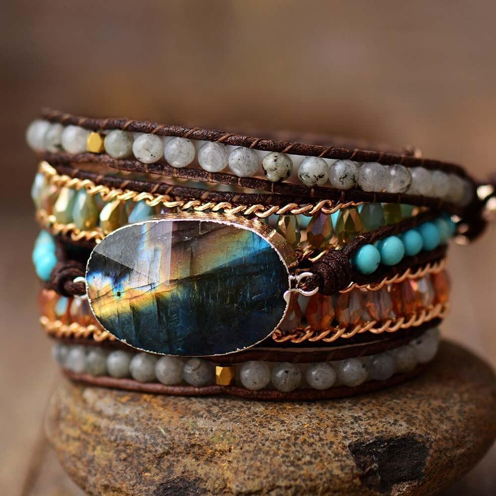 Women's five-row labradorite shimmer wrap bracelet with genuine gemstones and handmade craftsmanship
