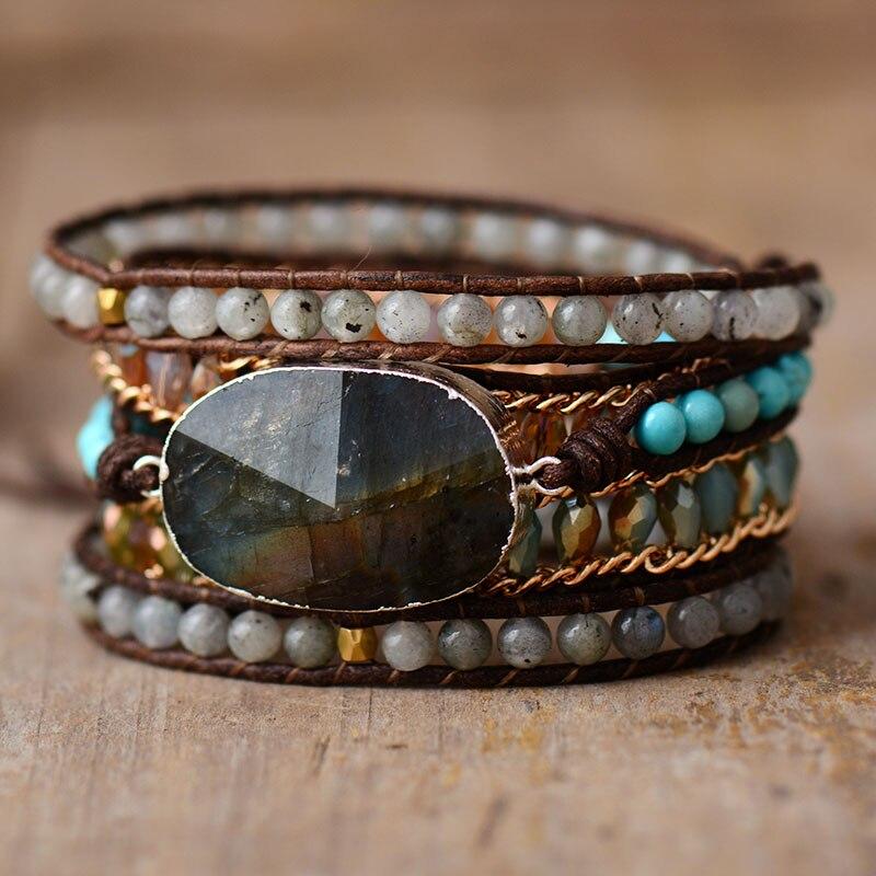 Labradorite wrap bracelet, a shimmering five-row design, perfect women's gemstone and crystal jewelry