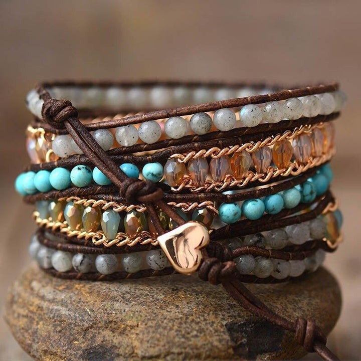 Boho-style women's labradorite shimmer wrap bracelet, spiritual fashion with natural crystal gemstones