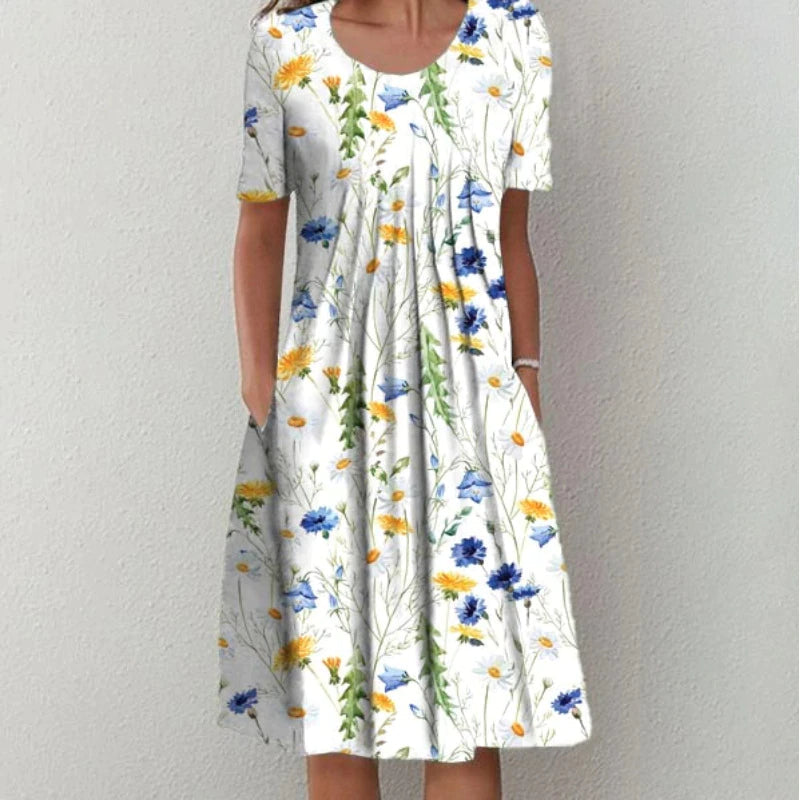 Comfortable women's casual dress, short sleeve and A-line, offering tummy coverage for versatile everyday style.
