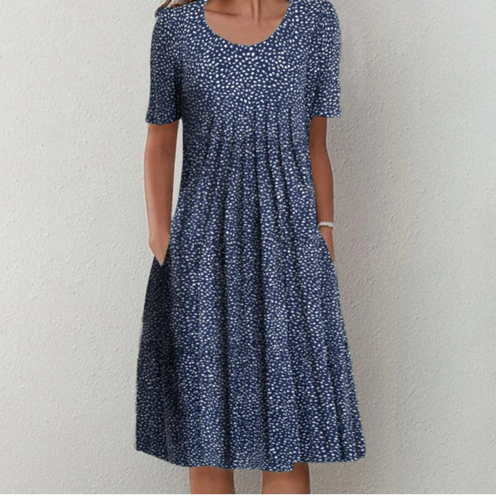 Stylish women's A-line short sleeve dress with tummy control. Flattering & comfortable for casual everyday summer/spring wear.