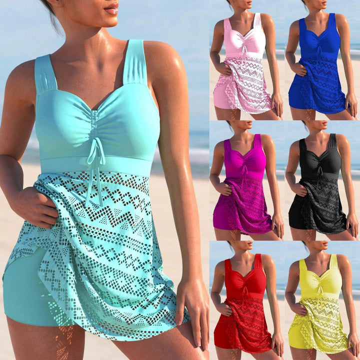 Women's flattering pleated tankini swimsuit set. Luxe two-piece swimwear for summer beach fashion.