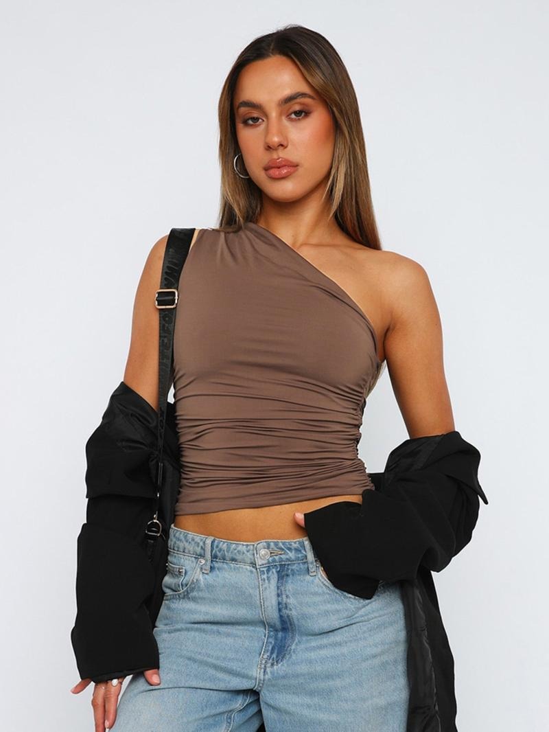 Pink cropped ruched one-shoulder top for women. Stylish, modern, perfect for casual or evening wear.