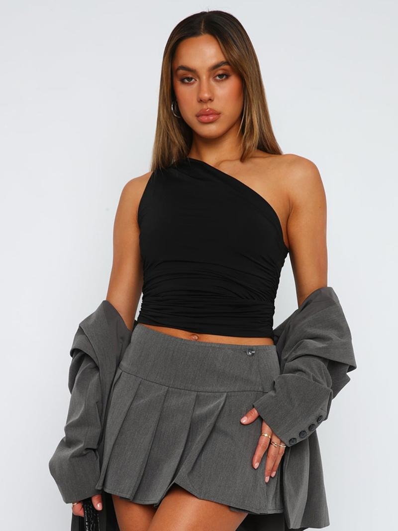 Brown ruched one-shoulder top for women. Versatile, chic, and modern for any casual or evening event.