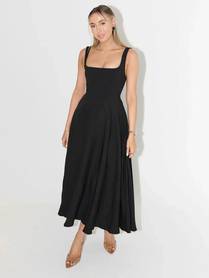 Women's elegant square neck midi dress, flattering fit for any event or casual look.