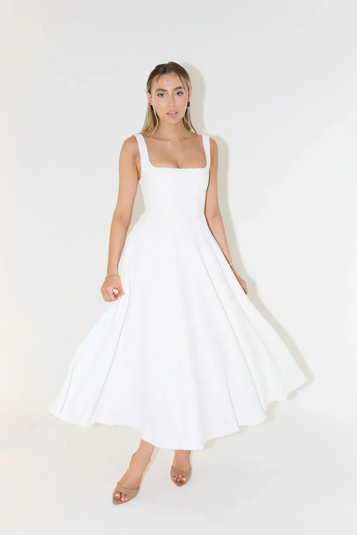 Chic women's square neck midi dress, comfortable, flattering & perfect for summer.