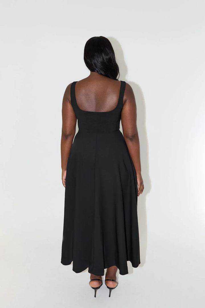Elegant high-waist square neck midi dress, ideal for special occasions & versatile wear.