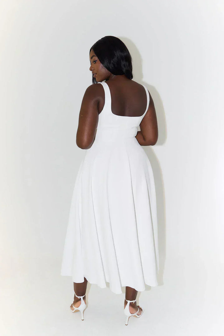High-waist square neck midi dress, offering a flattering & chic silhouette for women.