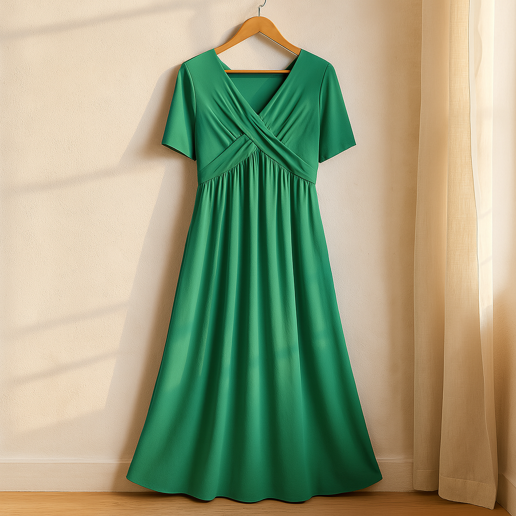 Chic women's Leia #878 midi dress, flowy A-line with V-neck & pockets for travel, party, or everyday wear.