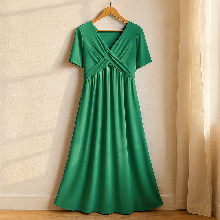 Chic women's Leia #878 midi dress, flowy A-line with V-neck & pockets for travel, party, or everyday wear.