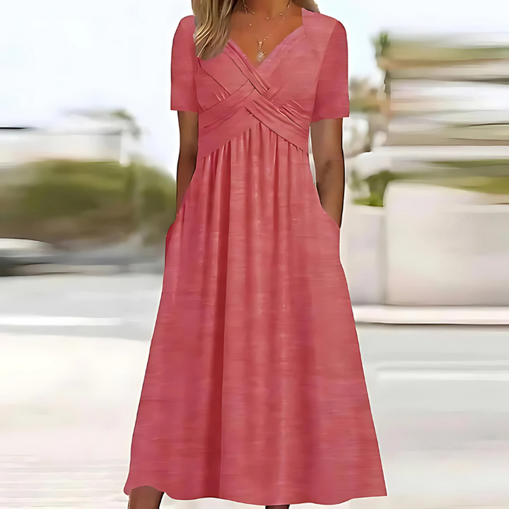 Women's flattering V-neck A-line midi dress, #878 Leia, with pockets. Great for summer, travel, or elegant casual wear.