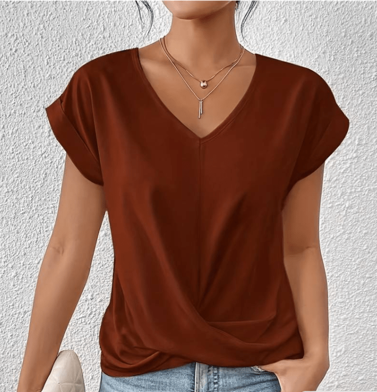Women's comfortable V-neck top, flattering long-sleeve design for versatile chic casual & elegant everyday wear.