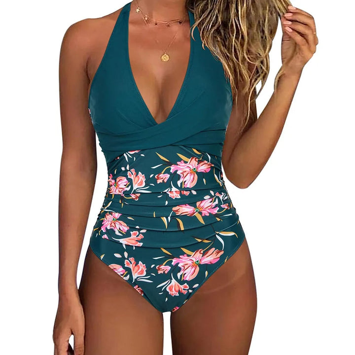 Summer fashion V-neck one-piece swimsuit for women. Flattering beachwear, stylish for poolside and resort vacations.