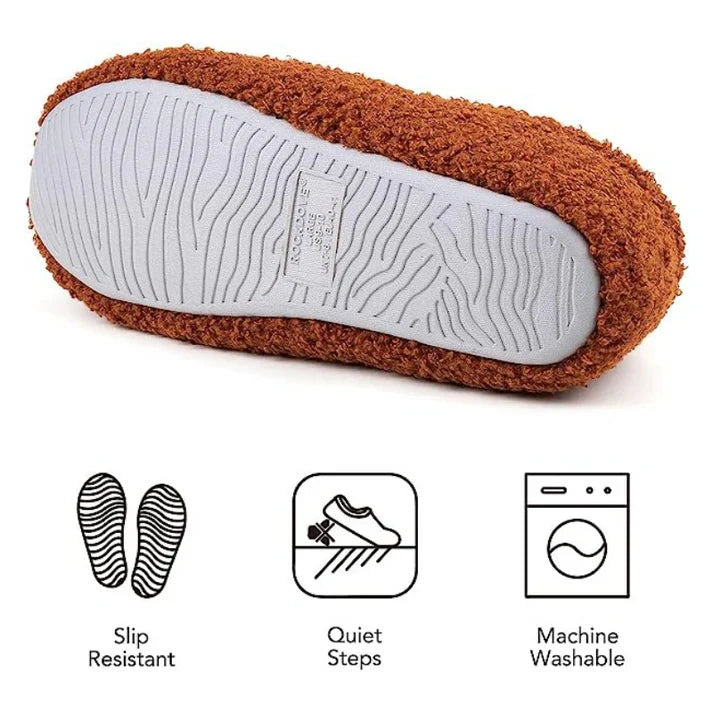 Plush women's closed-back fleeced slippers, offering all-day comfort with quiet soles.