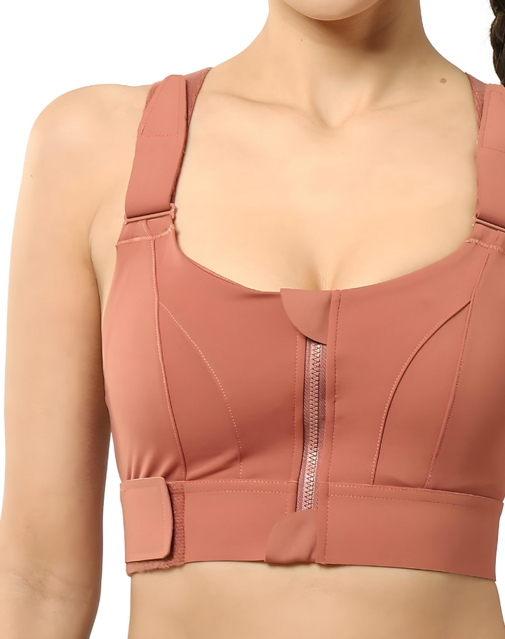 Performance women's activewear: Zip-front sports bra offering high support for running, fitness, and gym.