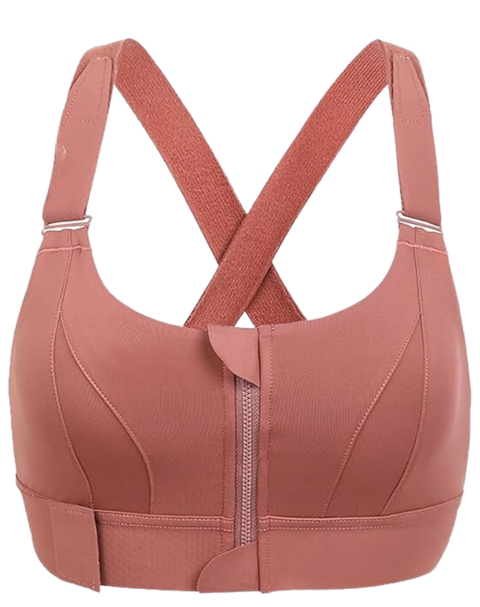 Dynamic women's sports bra with zip-front, providing high support for running, fitness, and active performance.