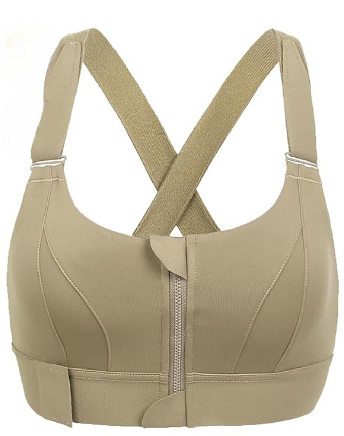 Close-up of the durable zip-front on a women's FlexiFit high-support sports bra, ready for active fitness.