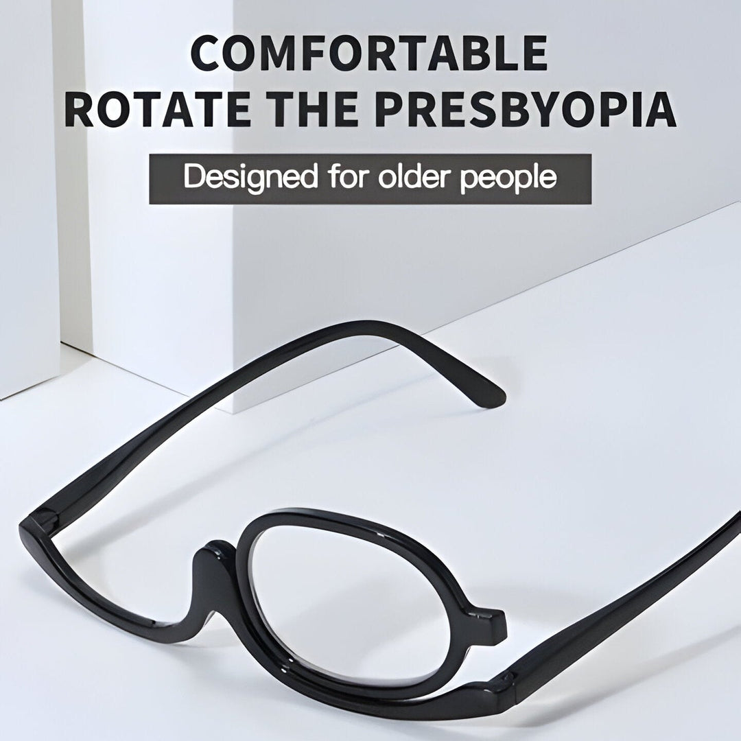 Precision flip-up makeup reading glasses for women, aiding detailed eye makeup application with clear vision.