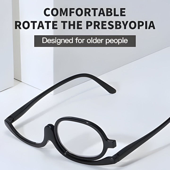 Precision flip-up makeup reading glasses for women, aiding detailed eye makeup application with clear vision.