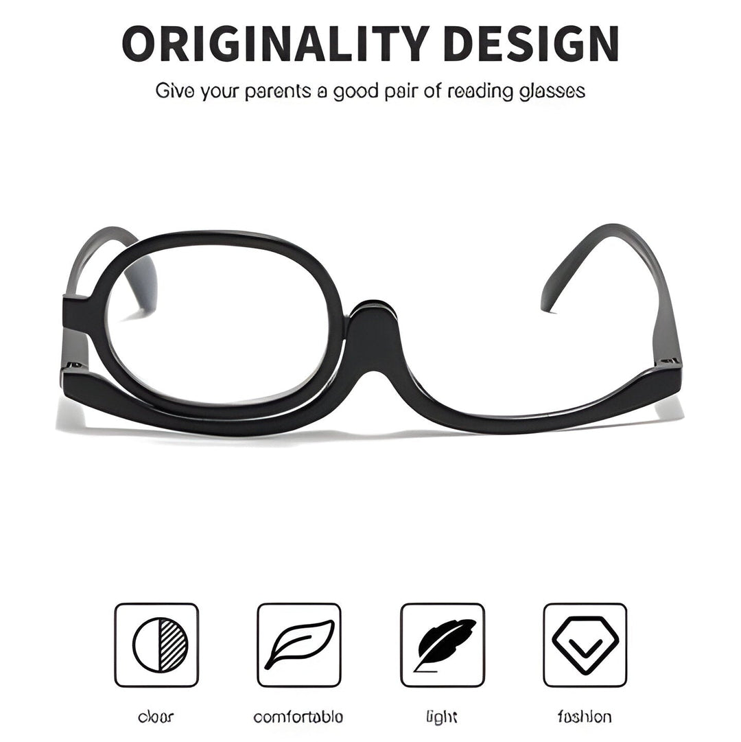 Pair of women's flip-up reading glasses, a precision beauty tool for cosmetic application & enhanced vision.