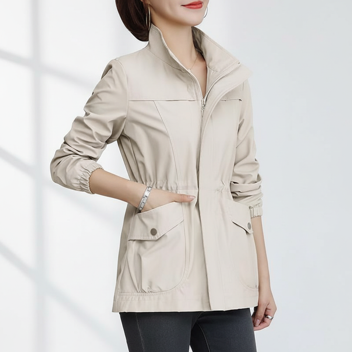 Stylish women's Flora jacket, an everyday transitional outerwear piece with a stand-up collar