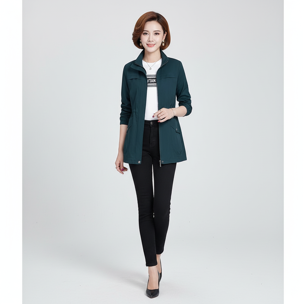 Back view of women's Flora transitional jacket, showcasing its clean lines and fit